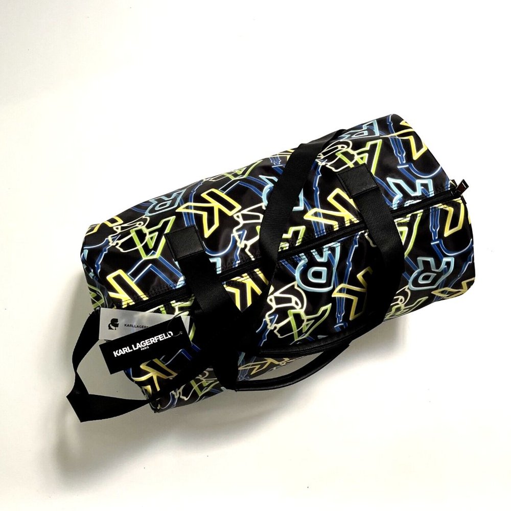 NWT Karl Lagerfeld Neon Logo Duffle Gym Bag Weekender 19" Black Travel Tote $150 - Picture 6 of 7